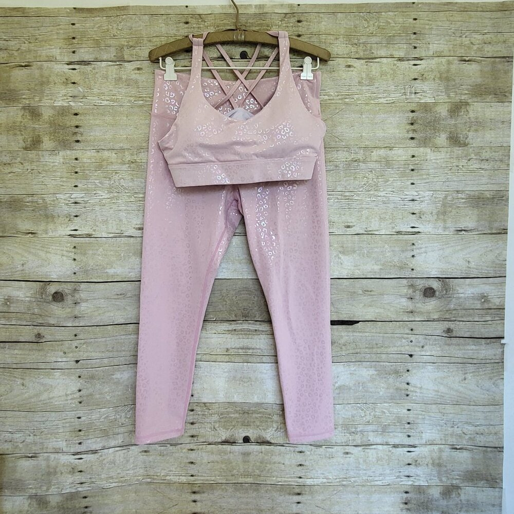 EUC Zyia Sports Bra and Leggings Pink Leopard - XL Bra, Size 12 Leggings